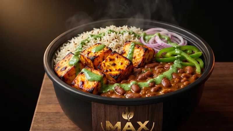 MAX Paneer Tikka bowl: paneer tikka cubes over rice with vegetables