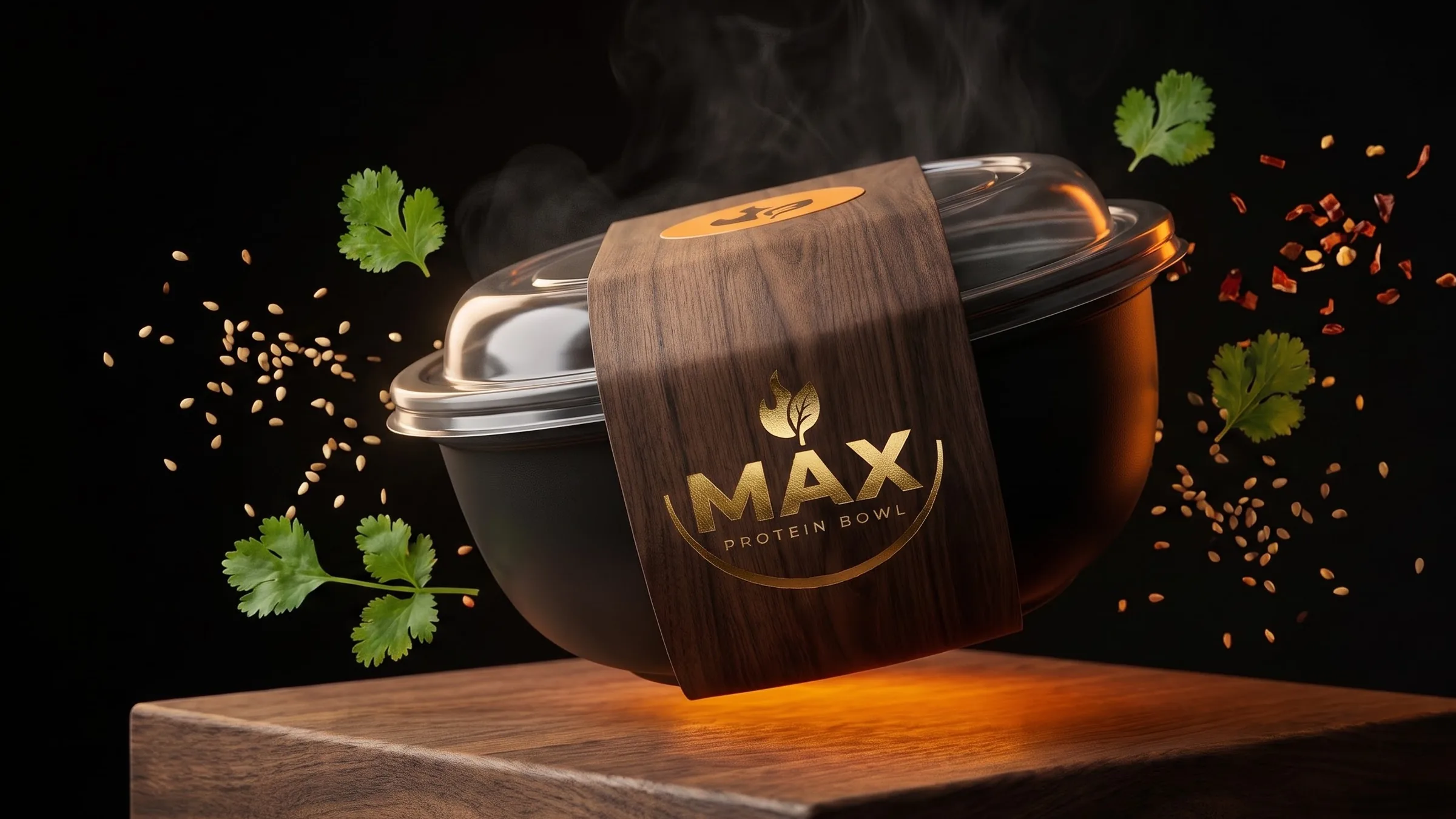Closed MAX package floating above walnut block with herbs (hero start / poster)