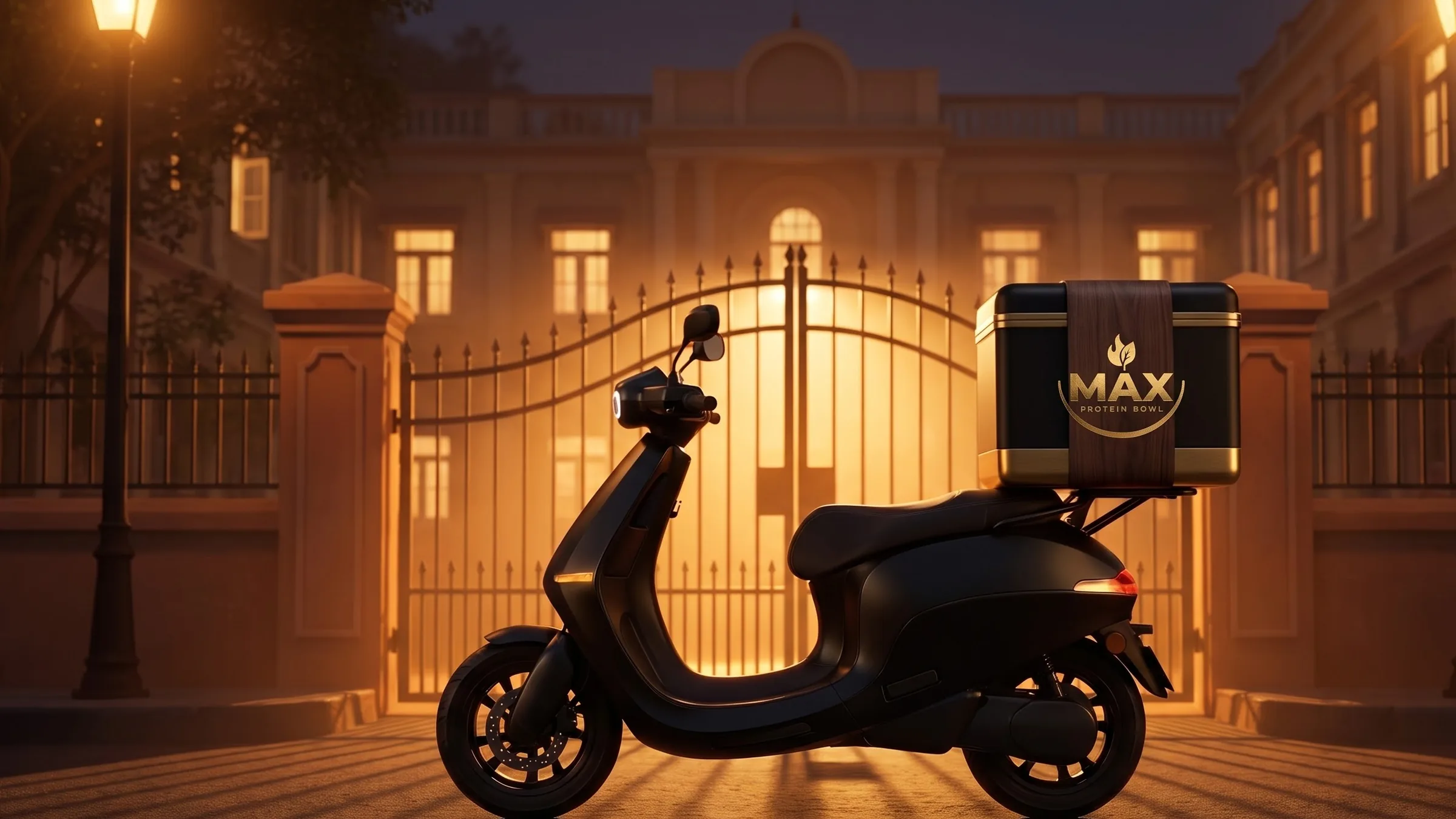 Scooter with MAX box at hostel gate at night